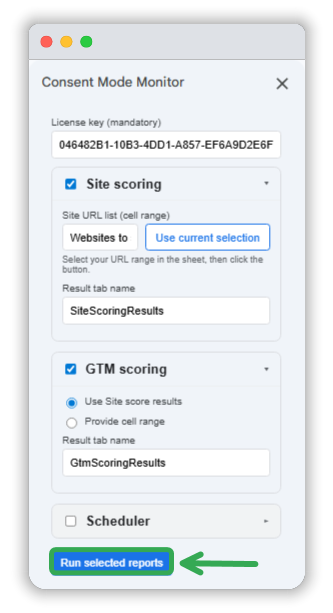 Button to run the consent mode monitor sheet sidebar add on