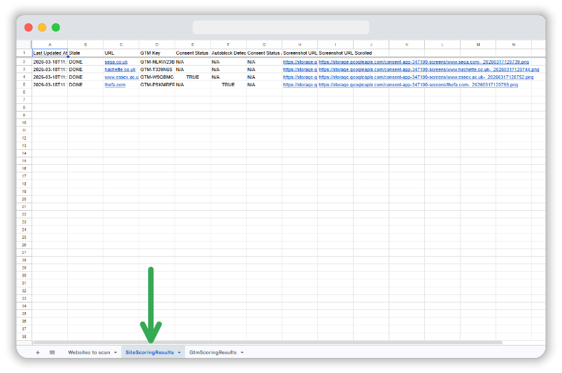 Site Scoring Results Tab showing the Site Scoring results from the scan