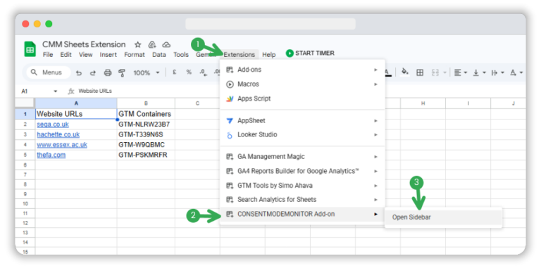 Steps to open the Consent Mode monitor Sheets extension sidebar